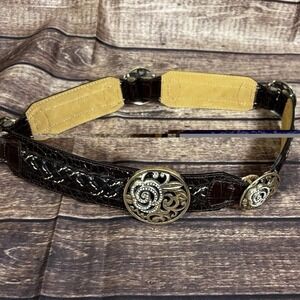Brighton Brown Leather Concho Belt Size 34 Y2K Boho Rhinestone Scroll Western